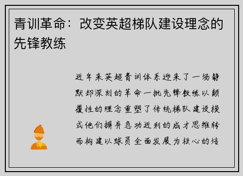青训革命：改变英超梯队建设理念的先锋教练