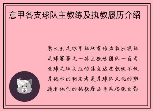 意甲各支球队主教练及执教履历介绍